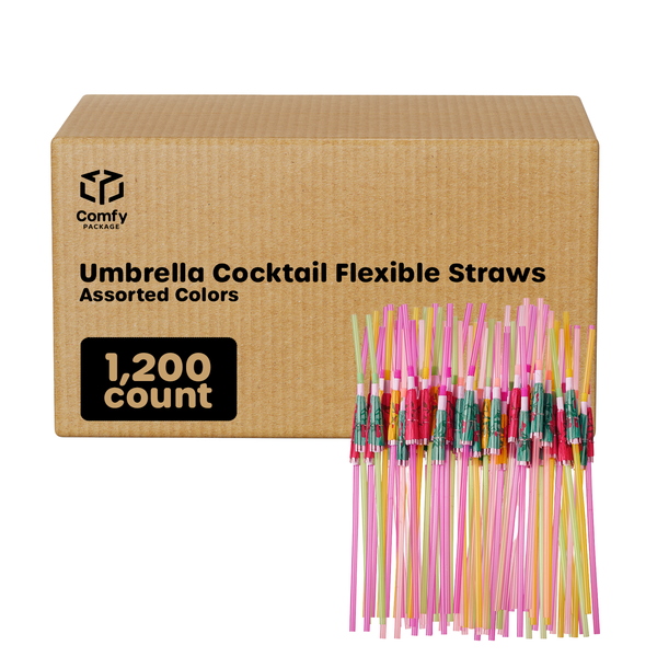 [Case of 1200] Umbrella Cocktail Flexible Straws - Assorted Colors Plastic Straws - Fancy Mini Paper Umbrella Drinking Straws for Cocktails, Milkshakes, Juice