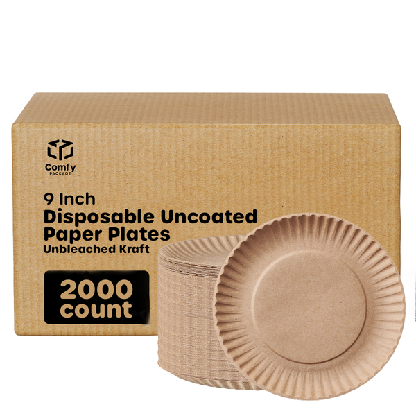 [Case of 2000] Disposable Kraft Uncoated Paper Plates, 9 Inch Large- Unbleached