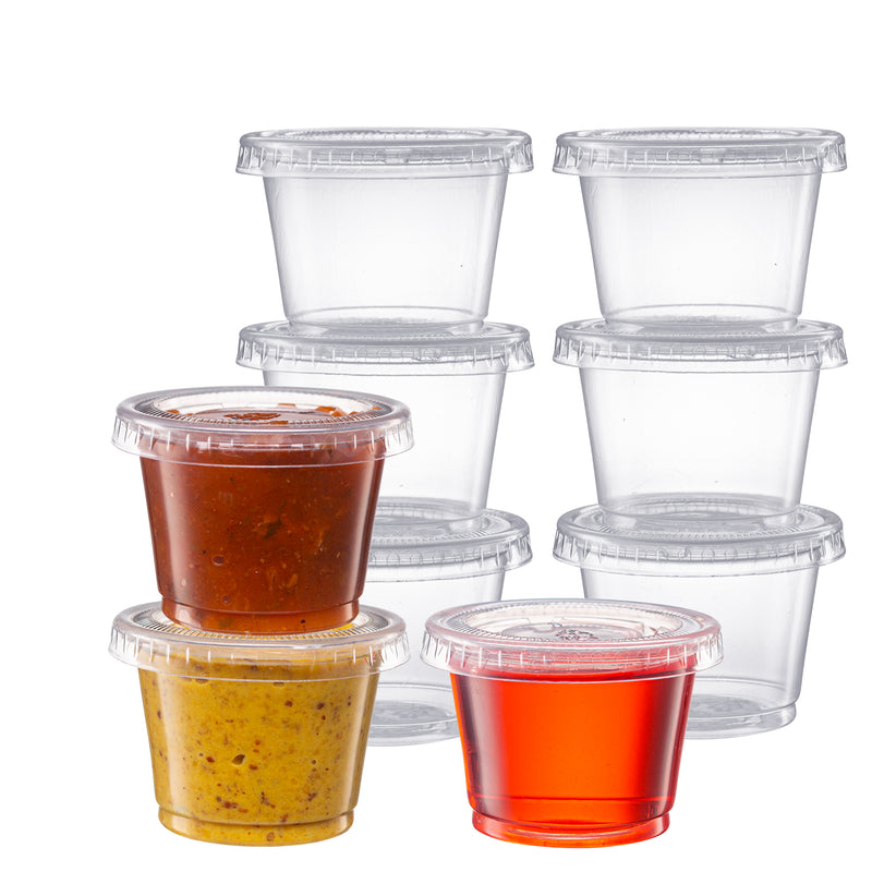 Pantry Value 1 oz. Cups with Lids, Small Plastic Condiment Containers for Sauce, Salad Dressings, Ramekins, & Portion Control…