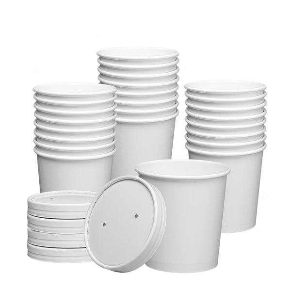 16 oz. Paper Food Containers With Vented Lids, To Go Hot Soup Bowls, Disposable Ice Cream Cups, White
