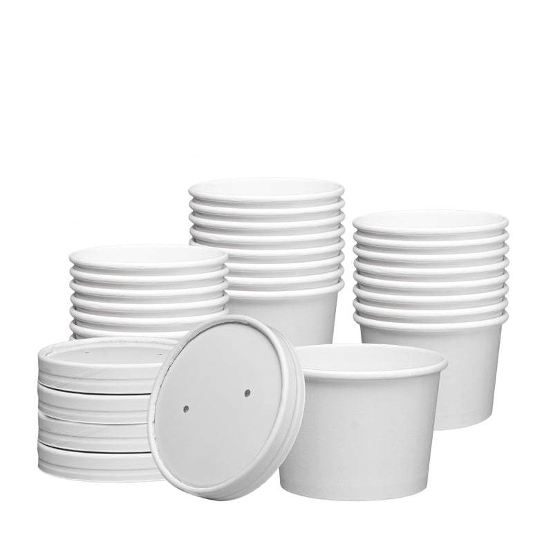Tezzorio (Set of 100) 8-Ounce Poly-Coated White Paper Soup Containers with Vented Lids Combo, Hot/Cold Food Cups - Ice Cream/Frozen Yogurt, Paper Soup