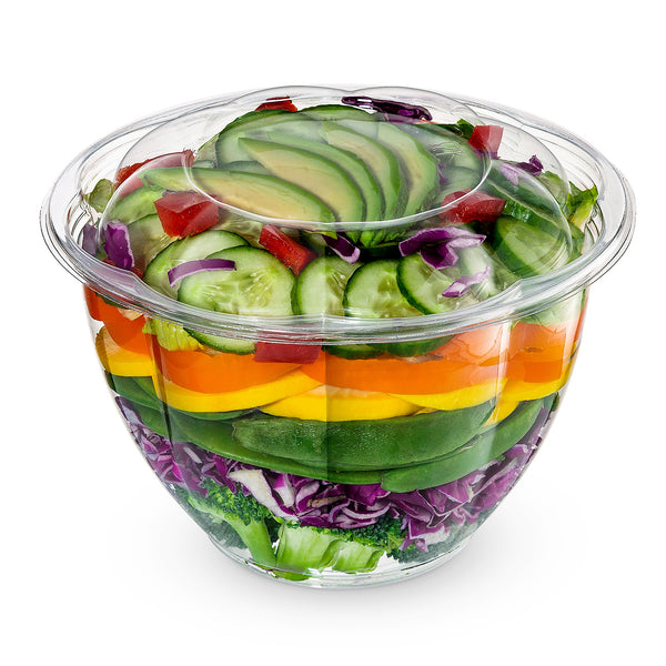 24 oz. Clear Plastic Disposable Salad Bowls with Airtight Lids