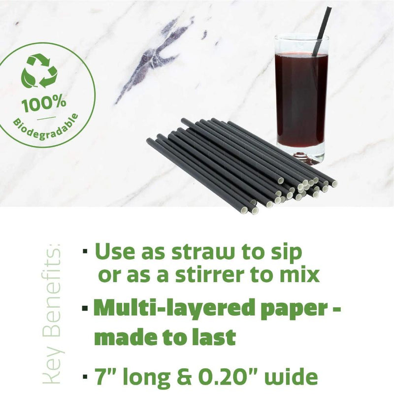 7 Inch 100% Biodegradable Paper Sip Stirrers/Straws - Black - For Cocktail & Coffee - Comfy Package
