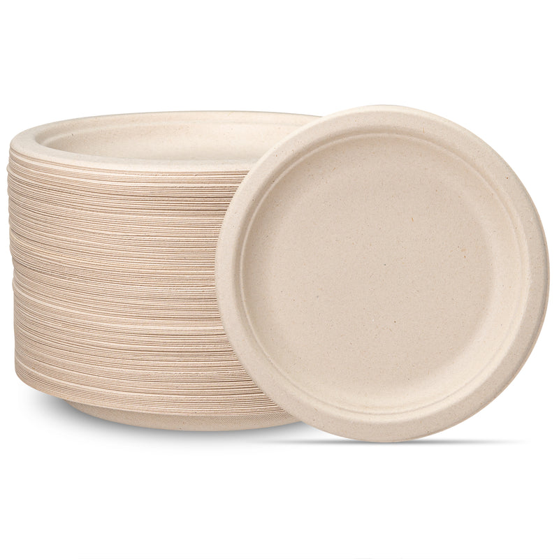 100% Compostable 7 Inch Heavy-Duty Plate Eco-Friendly Disposable Sugarcane Paper Plates - Brown Unbleached