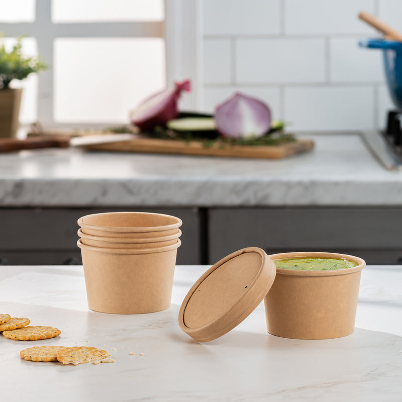 8 Oz. Disposable Brown Paper Soup Containers With Plastic Lids 