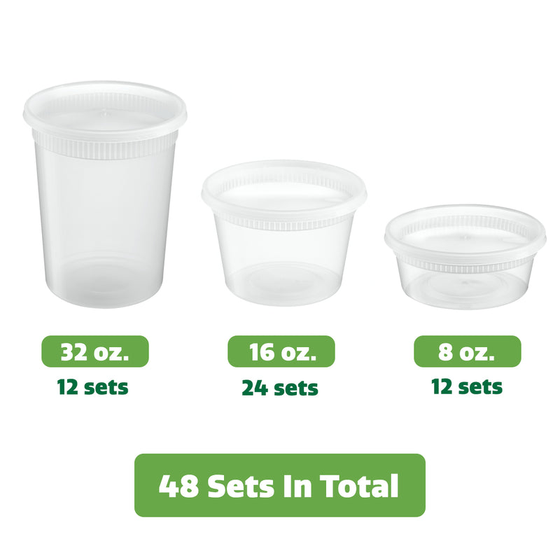 [48 Sets - Combo] Plastic Deli Food Storage Freezer Containers With Airtight Lids - 8 oz, 16 oz, 32 oz.
