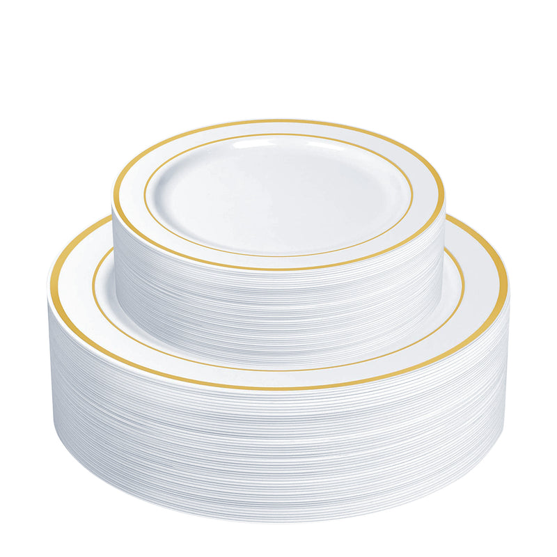 Combo Gold Trim Plastic Plates - Premium Heavy-Duty Disposable 10.25" Dinner Party Plates and Disposable 7.5" Salad Plates