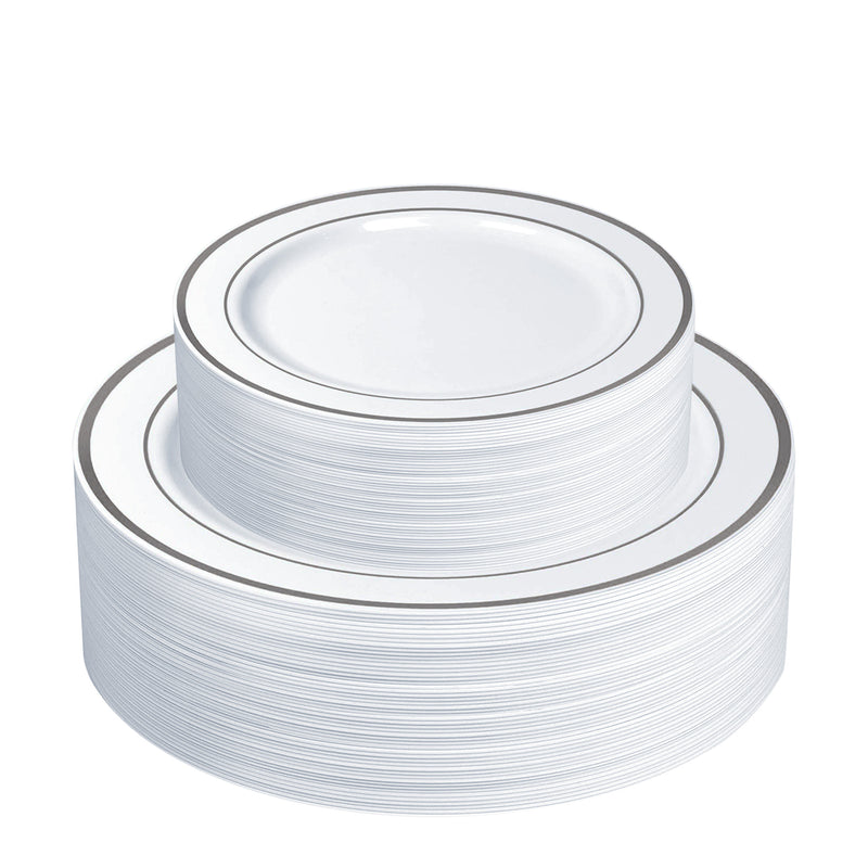 Combo Silver Trim Plastic Plates - Premium Heavy-Duty Disposable 10.25" Dinner Party Plates and Disposable 7.5" Salad Plates