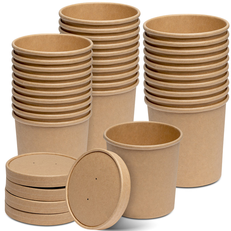 16 oz. Paper Food Containers With Vented Lids, To Go Hot Soup Bowls, Disposable Ice Cream Cups, Kraft