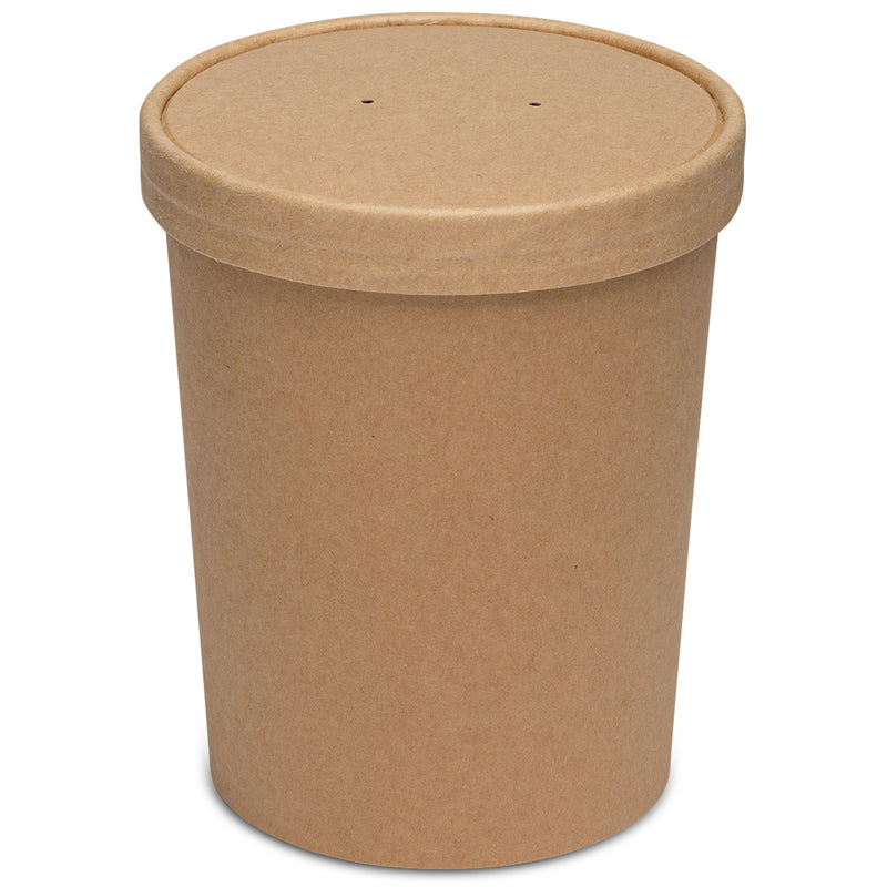 32 oz. Paper Food Containers With Vented Lids, To Go Hot Soup Bowls, Disposable Ice Cream Cups, Kraft - 25 Sets