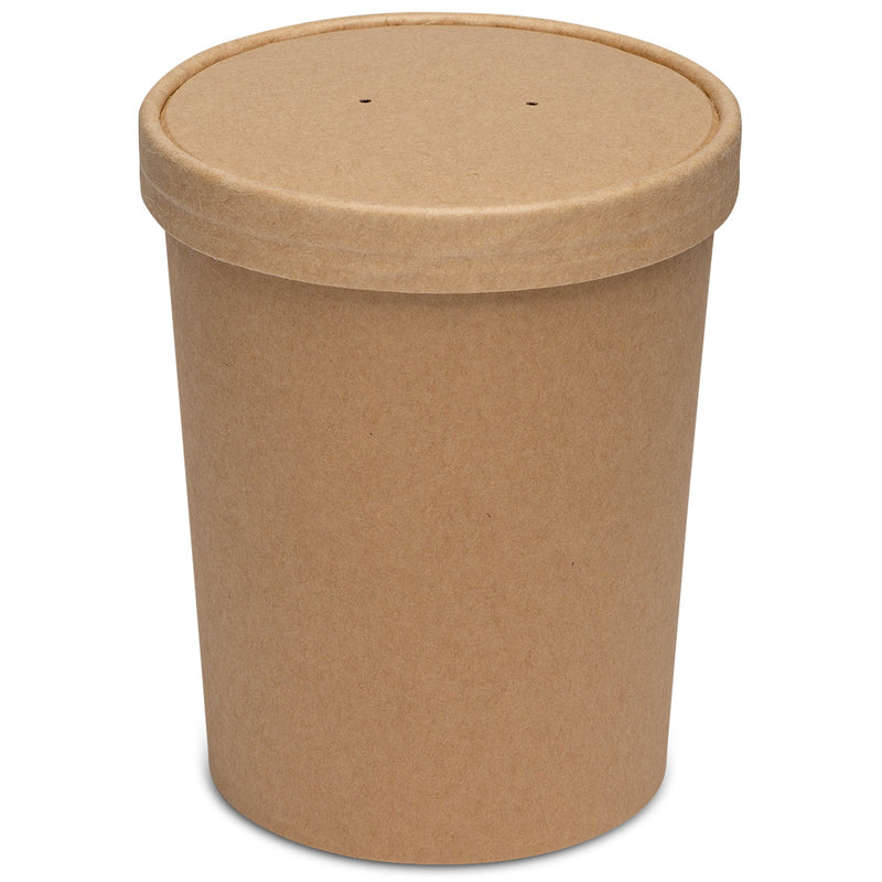 [Case of 200] 32 oz. Paper Food Containers With Vented Lids, To Go Hot Soup Bowls, Disposable Ice Cream Cups, Kraft