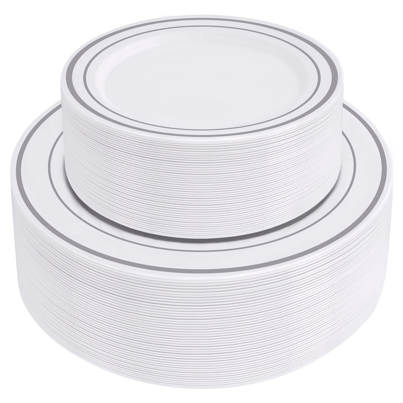 Combo Silver Trim Plastic Plates - Premium Heavy-Duty Disposable 10.25" Dinner Party Plates and Disposable 7.5" Salad Plates