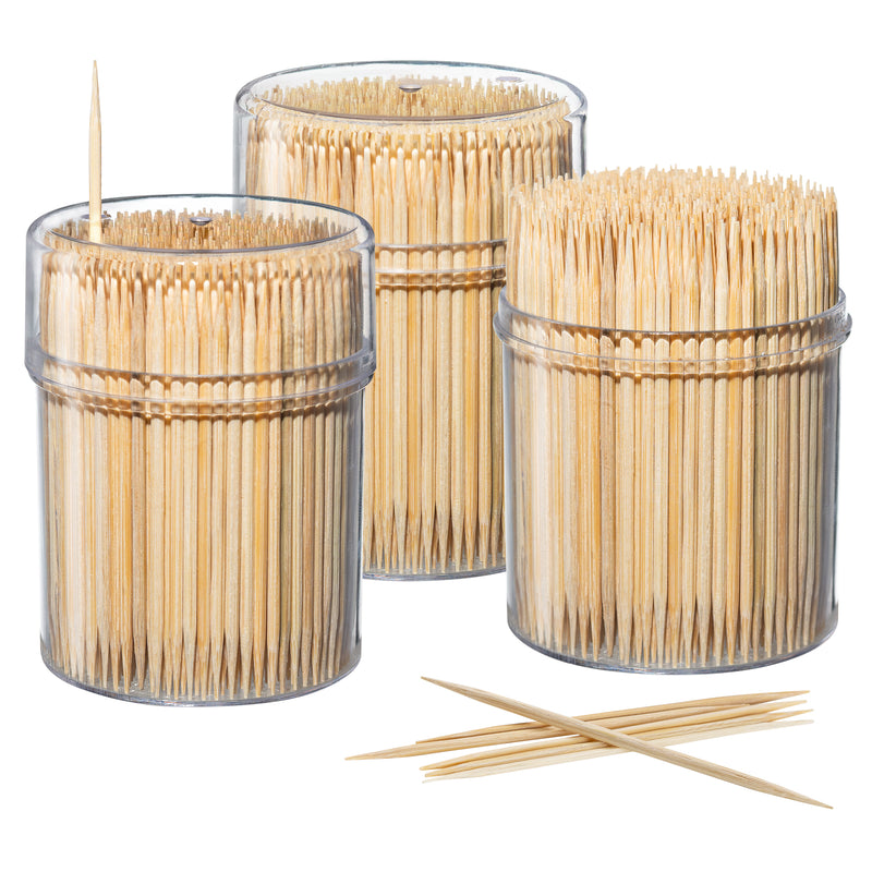 Bamboo Wooden Toothpicks [1500 Count - Divided in 3 Storage Bottles] Wood Round Double-Points Teeth Tooth Picks