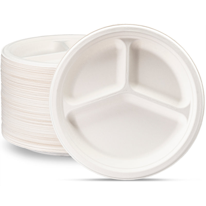 100% Compostable 9 Inch Heavy-Duty Plates 3 Compartment Eco-Friendly Disposable Sugarcane Paper Plates