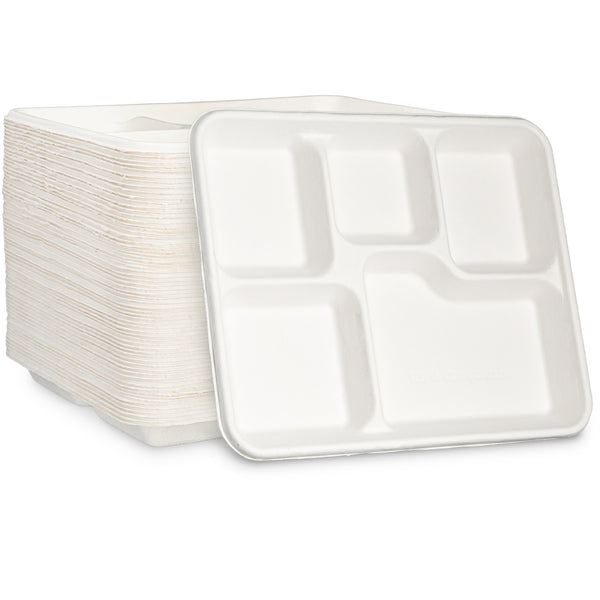100% Compostable 5 Compartment Plates Eco-Friendly Disposable Sugarcane 10 inch Paper Trays…