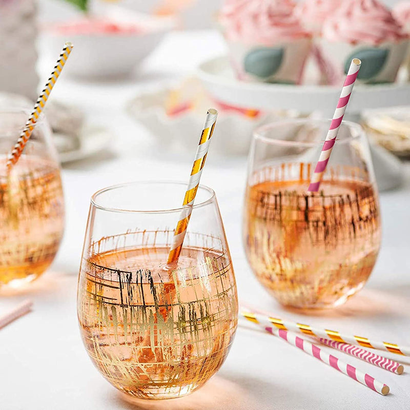 [Case of 4800] Hot Pink + Gold Paper Drinking Straws